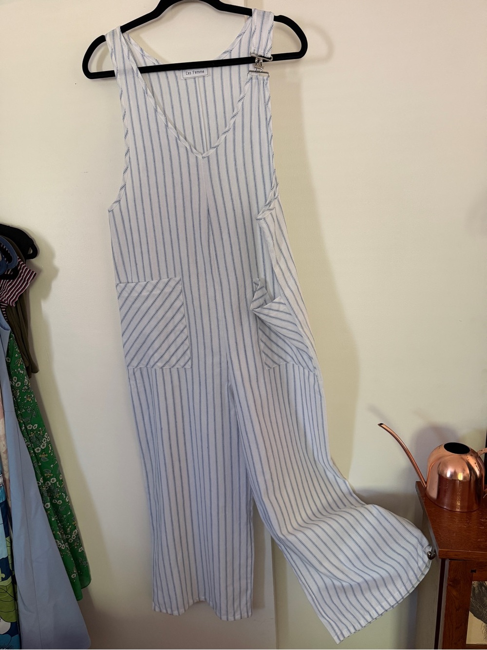 Ces Femme White and Blue Striped Cotton Jumpsuit size small